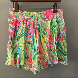 Lilly Pulitzer tiki pink/royal lime tropical floral gauzy pull on Women’s shorts